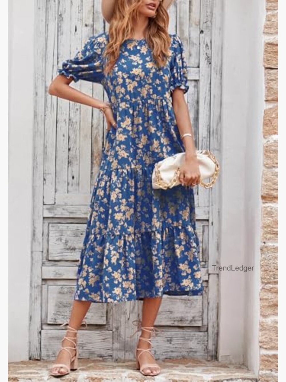 Boho Floral Midi Dress with Puff Sleeves - Summer Beach Sundress - Picture 3 of 7